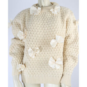 Vintage Popcorn Knit Sweater Cream Ivory Wool Bow Embellished Coquette Chunky M
